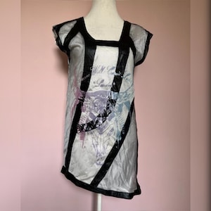 Silver Mesh Mini Dress Tunic Top Asymmetrical hem | Metallic gothic custom print | Medium UK10 UK12 Fame Will Come Later Y2K deadstock