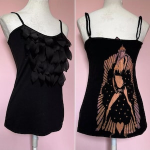 Black strappy camisole tank top vest feather style front | Custom orange pink print | Xs Small UK8 Fame Will Come Later Indie Punk Rock