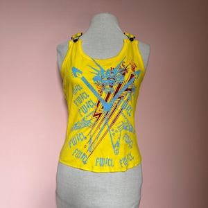 Mesh tank top vest racerback | XS UK6 US2 B32&quot; | Punk Rock Guitars Skulls Fame Will Come Later custo, print | Y2K Indie Sleaze Electroclash