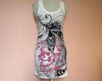 Skull Horror Gothic print white racerback top mini dress | Small UK8 US4 | Fame Will Come Later Y2K alternative punk goth indie sleaze