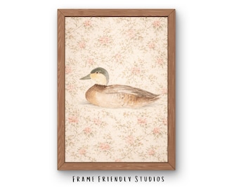 Lámina de pato vintage para pared, decoración floral estilo cottagecore, descarga instantánea imprimible