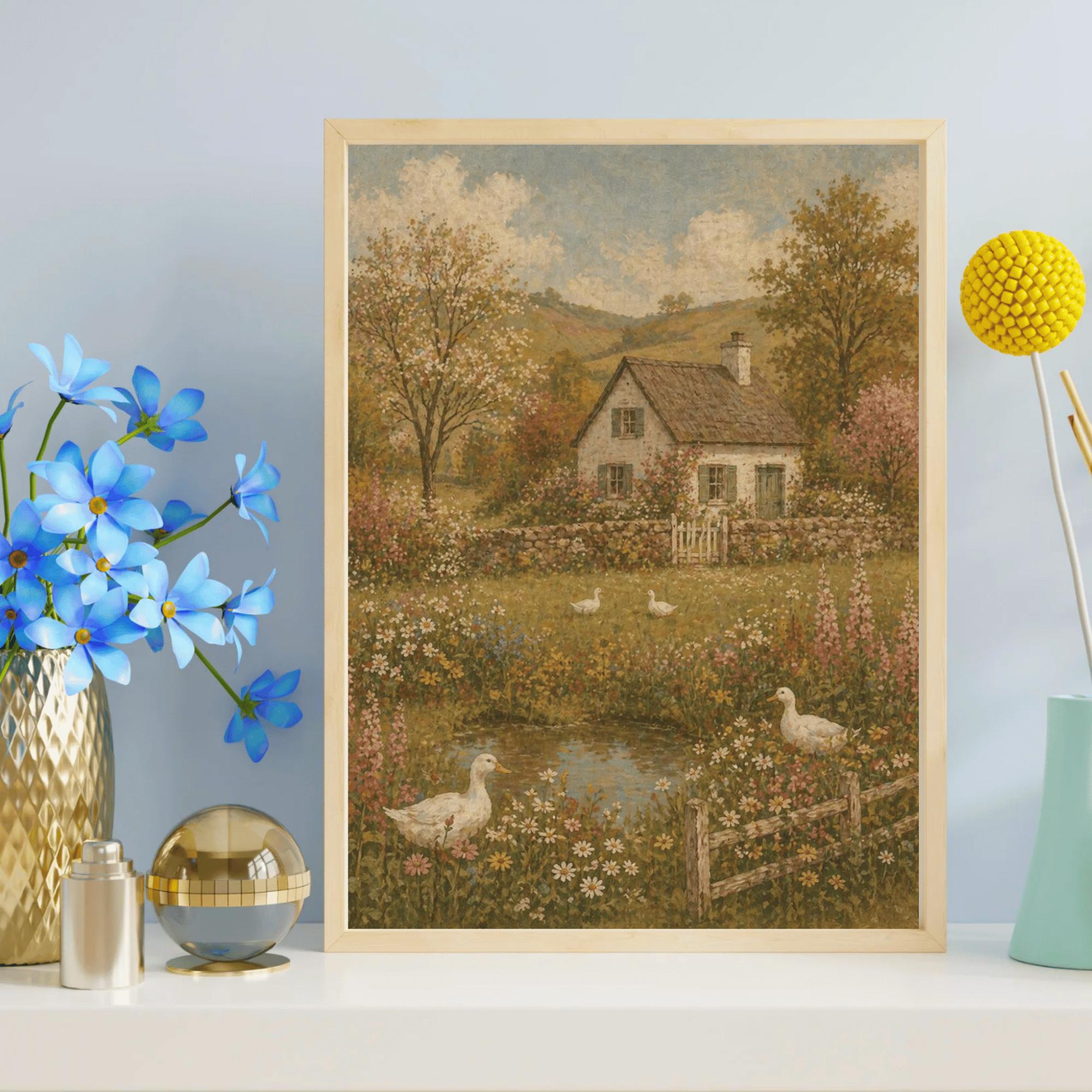 Vintage Cottage Garden Wall Art Print, Pastoral Landscape Ducks Flowers ...