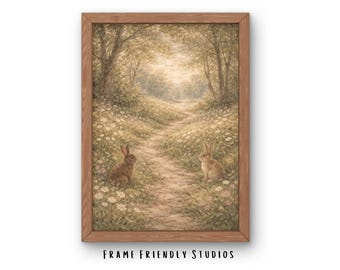 Arte mural de conejo de Pascua en el bosque, pintura vintage de conejo estilo cottagecore, descarga instantánea en neutro.