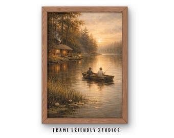 Lámina decorativa vintage para pared con paisaje, pintura rústica de un barco fluvial, decoración impresionista de la naturaleza, descarga instantánea.