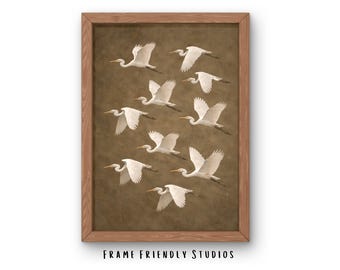 Lámina decorativa de pájaros volando para imprimir, ilustración de aves, decoración natural neutra, estética japonesa, descarga instantánea.