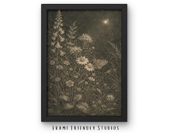 Lámina decorativa botánica vintage para pared, ilustración floral de polilla estilo cottagecore oscuro, decoración de naturaleza antigua, descarga instantánea.