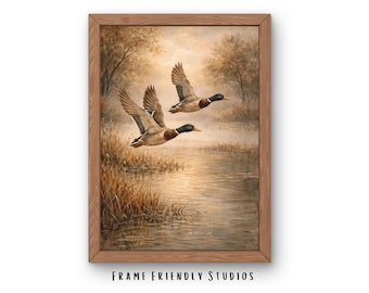 Arte de pared imprimible de pato real volador, pintura al óleo rústica de pato, decoración de granja, descarga instantánea