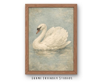 Impresión vintage de cisne blanco, arte de pared cottagecore, descarga instantánea, decoración romántica de granja
