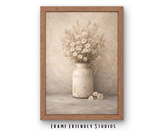 Lámina decorativa vintage de margaritas para imprimir, cuadro rústico de jarrón floral de estilo granja, decoración neutra, descarga instantánea.