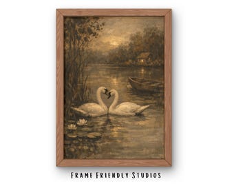 Arte de pared vintage con cisnes imprimible, pintura romántica de lago estilo cottagecore, decoración de granja, descarga instantánea