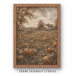 May include: A framed wall art print featuring a sepia-toned landscape of a pumpkin patch with numerous orange pumpkins scattered across a field. In the background, a house stands near trees under a cloudy sky. The text FRAME FRIENDLY STUDIOS appears below.
