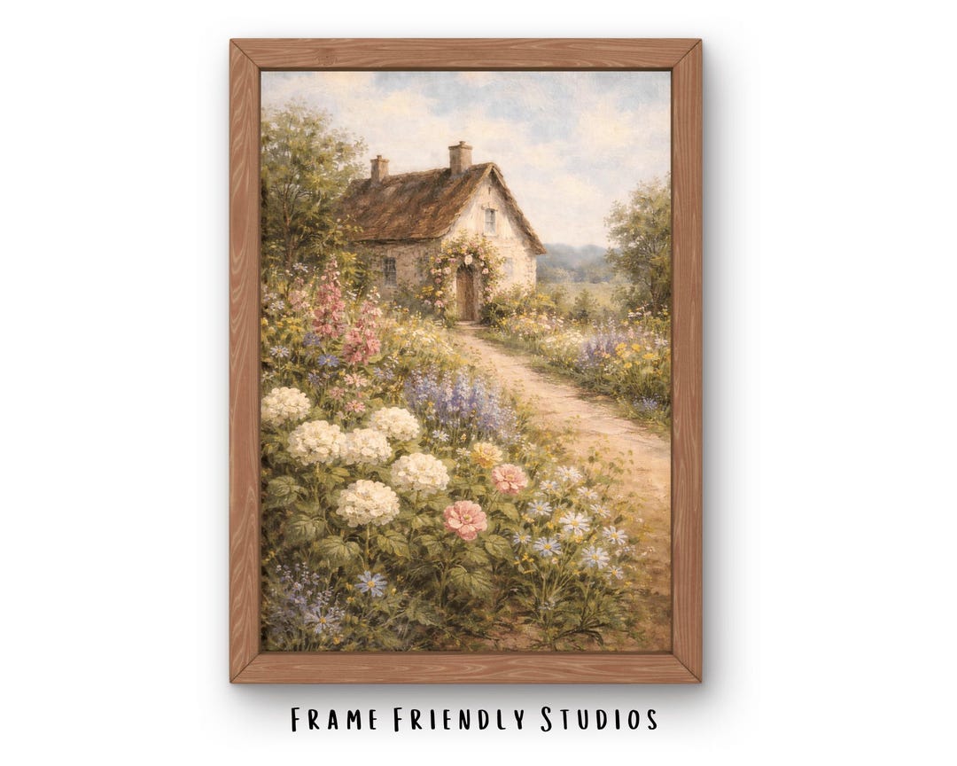English Cottage Garden Wall Art Printable, Floral Landscape Painting ...
