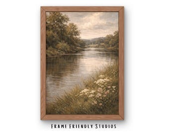 Lámina decorativa vintage de paisajes para imprimir, pintura impresionista de río, decoración rústica de naturaleza. Descarga instantánea.