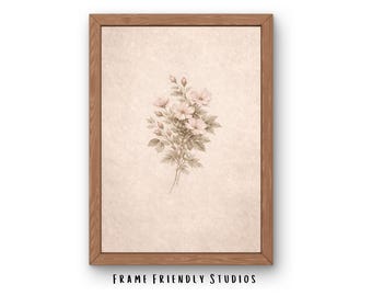 Lámina decorativa botánica vintage para pared, ilustración floral en rosa suave, decoración minimalista estilo cottagecore, descarga instantánea.