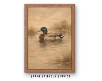 Lámina decorativa vintage de patos para pared, pintura de estanque de ánades reales, decoración rústica de vida silvestre, descarga instantánea.