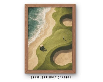 Lámina decorativa imprimible de campo de golf costero, paisaje oceánico aéreo, decoración deportiva moderna, descarga instantánea.