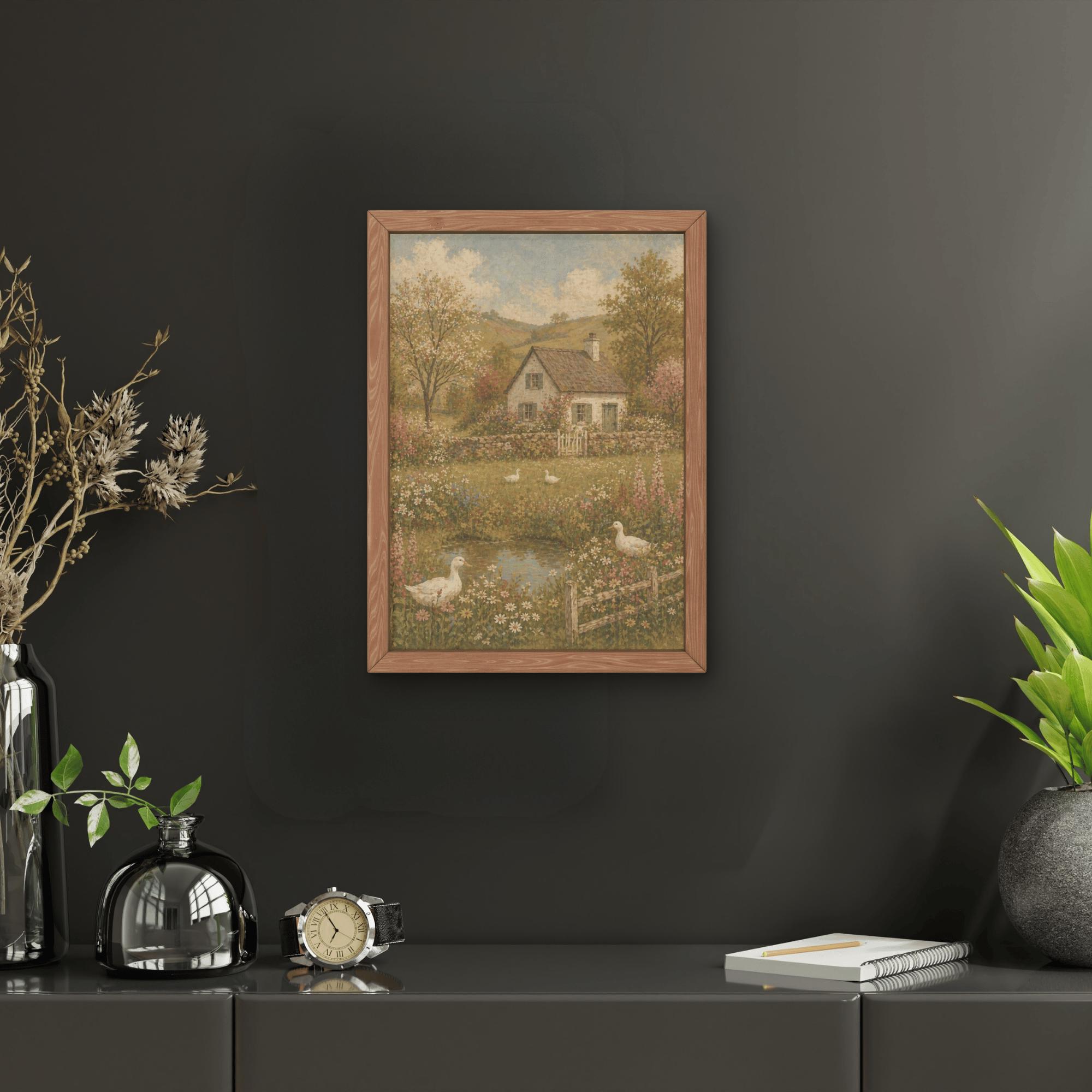 Vintage Cottage Garden Wall Art Print, Pastoral Landscape Ducks Flowers ...