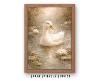 Arte de pared imprimible de estilo cottagecore con un estanque de patos, pintura vintage de patos de granja, descarga instantánea