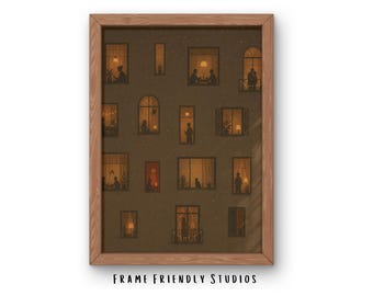 Lámina decorativa de pared con ventana acogedora, ilustración de una cálida ciudad nocturna, decoración minimalista para el hogar, descarga instantánea.