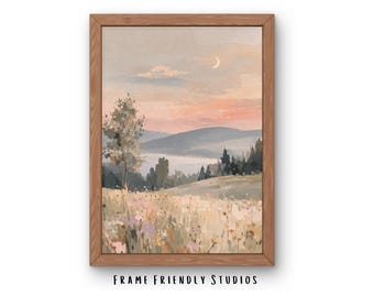 Cuadro decorativo imprimible de paisaje costero al atardecer, pintura marina impresionista, decoración neutra, descarga instantánea.