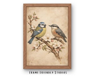Lámina artística vintage de pájaros con flores de cerezo – Arte mural botánico Cottage Core, descarga instantánea