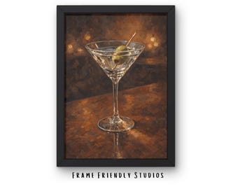 Impresión de pintura al óleo de Martini sucio, arte vintage de bar de cócteles, descarga instantánea.