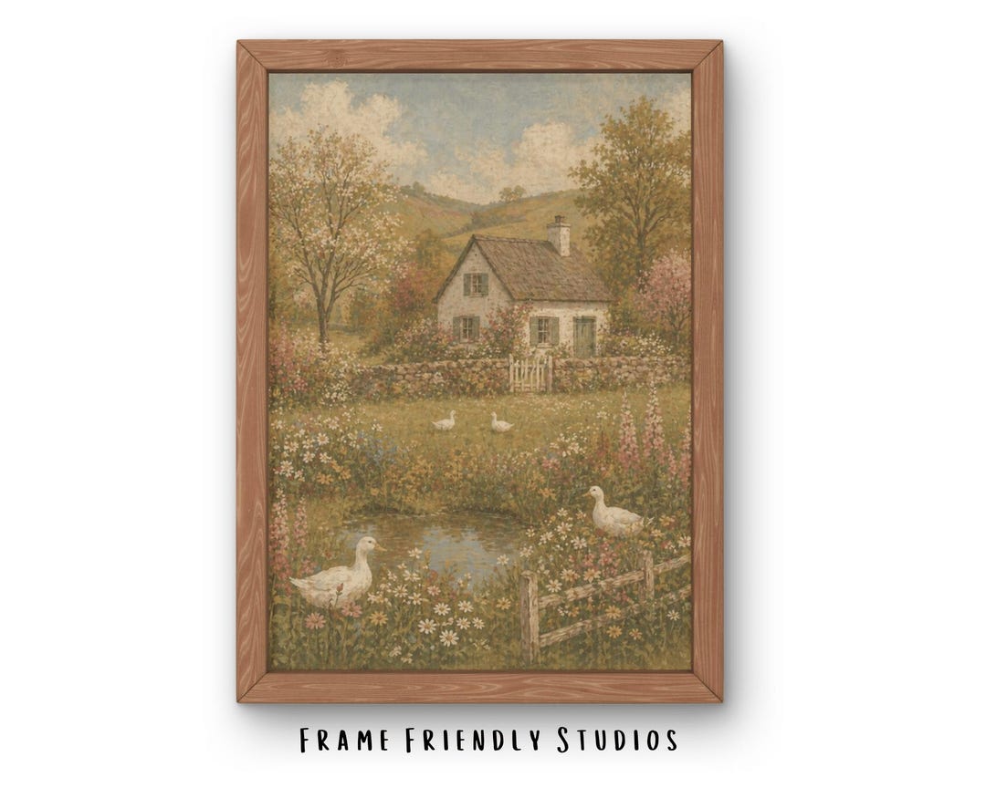 Vintage Cottage Garden Wall Art Print, Pastoral Landscape Ducks Flowers ...
