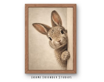 Impresión de conejo asomado, arte de pared vintage de conejo de Pascua, descarga instantánea imprimible