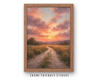 Lámina decorativa vintage con paisaje de atardecer, pintura impresionista de camino rural, decoración rústica, descarga instantánea.