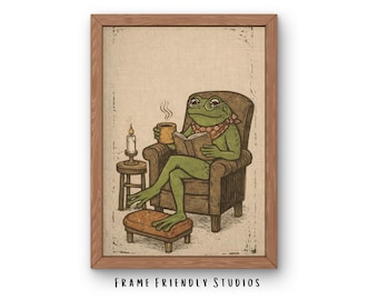 Arte de pared de rana Cottagecore, ilustración linograbado imprimible, descarga instantánea, decoración