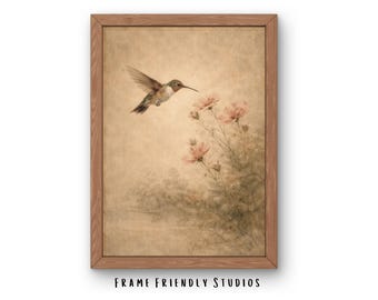 Impresión de pintura al óleo de colibrí vintage, arte de pared estilo cottagecore, descarga instantánea