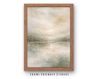 Lámina decorativa abstracta neutra para pared, pintura minimalista texturizada, decoración en tonos beige y verde, descarga instantánea.