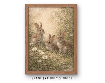 Cuadro de conejito vintage imprimible, decoración de pared de Pascua, descarga instantánea