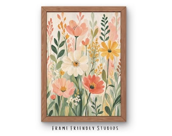 Lámina decorativa floral abstracta para pared, pintura moderna de flores silvestres, decoración botánica bohemia en tonos pastel, descarga instantánea.