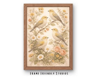 Lámina decorativa vintage con motivos de aves, ilustración botánica floral, decoración rústica inspirada en la naturaleza, descarga instantánea.