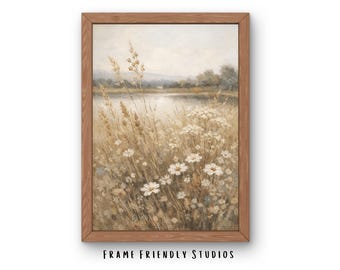 Impresión de paisaje de flores silvestres en tonos neutros, arte mural de lago estilo cottagecore, descarga instantánea imprimible