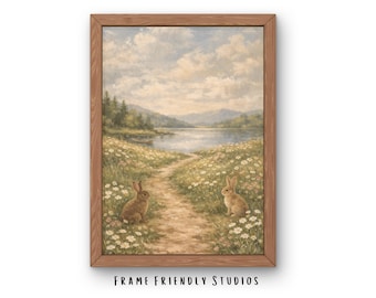Impresión de arte mural de conejo de Pascua, pintura vintage de conejo, paisaje cottagecore, decoración neutra, descarga instantánea