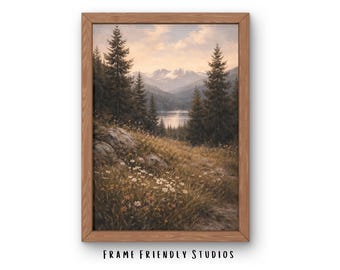 Lámina decorativa vintage de paisaje de montaña, lago alpino, bosque, pradera, decoración rústica de cabaña, descarga instantánea.