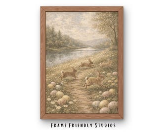 Arte mural vintage de conejo de Pascua, paisaje primaveral de conejo, estilo cottagecore neutro, descarga instantánea.