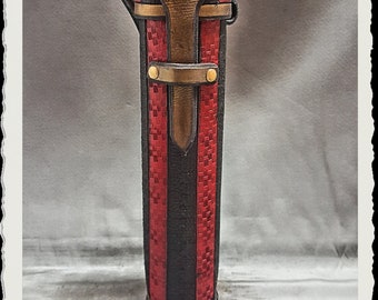 Leather Scroll Case / Holder / Tube - Black and red lines
