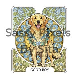 Golden Retriever Art Print - Digital Download for Dog Lovers | Art Nouveau Style Pet Portrait | Printable Wall Art for Animal Home Decor