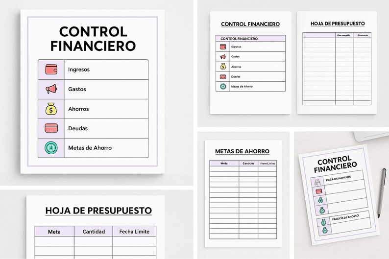 May include: A collection of financial planning printables. The main document is titled "CONTROL FINANCIERO" and includes sections for income, expenses, savings, debts, and savings goals. Other sheets include a budget sheet and a savings goals tracker.