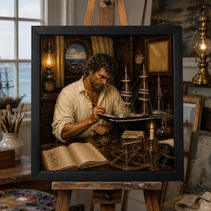 May include: A framed painting depicting a person in a white shirt working on a model ship at a wooden desk. The scene includes an open book, a lit candle, a sextant, and a nautical cap. The background features a porthole view of the sea.