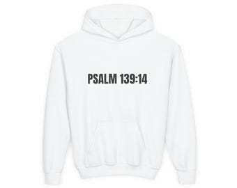 Psalm 139:14 Bluza z kapturem „Stworzony przez Boga” | Młodzieżowa bluza z nadrukiem wiary chrześcijańskiej