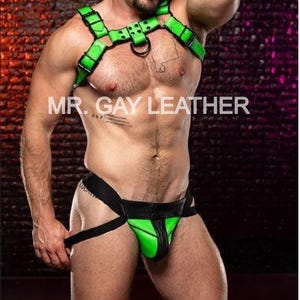 Men&#39;s Chest harness With Jockstrap Green Leather Bulldog Harness Gift For Men Chest Harness Gay Costume Body Chest Armor Adjustable Strap