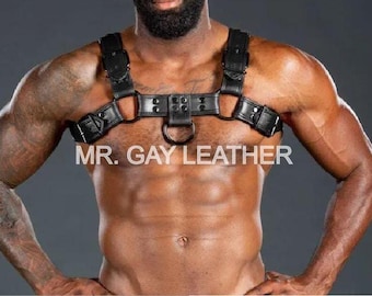 Arnés de pecho para bulldog de cuero negro para hombre.