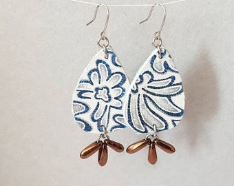 Teardrop Leather Earrings, Floral Drop Earrings with Blue Baroque Print, Up-cycled Suede Dangles, Lightweight Funky Jewelry with Glass Bead