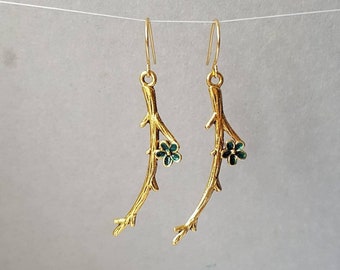 Golden Twig Earrings, Thin Branch Dangles, Minimalist Nature Jewelry, Long Blooming Tree Earring, Botanical Rustic Style Woodland Stick Drop