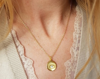 Evil Eye Coin Necklace, Dainty Gold Protective Charm, Minimalist Funky Jewelry, Totem Gift, Egyptian Eye Symbolic Jewelry, Turkish Evil Eye