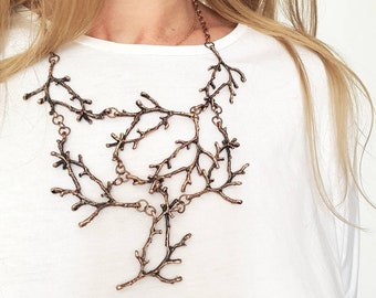 Statement Twig Necklace, Branch Bib Collar, Nature Lover Gift, Woodland Forest Jewelry, Metal Tree Accessory, Copper Cascading Boho Necklace